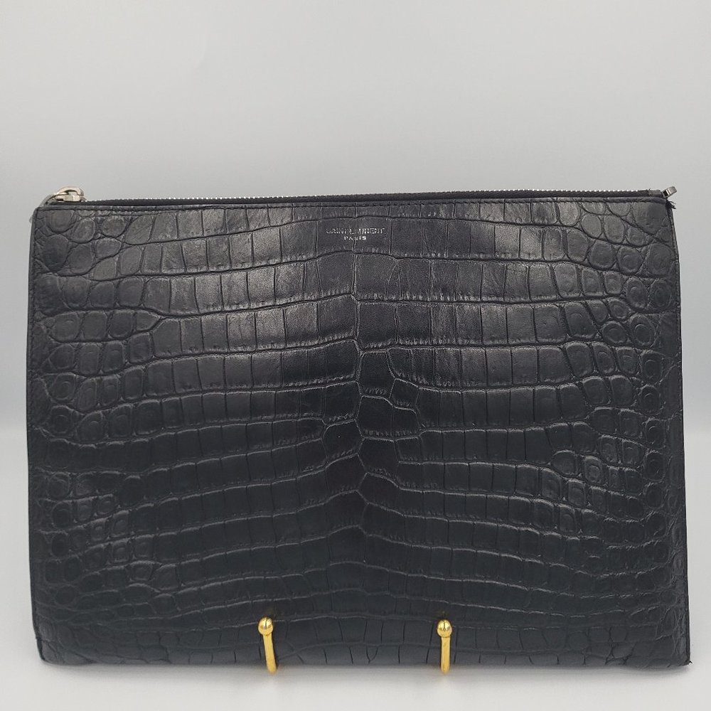 SAINT LAURENT Calfskin Crocodile Embossed Document Holder